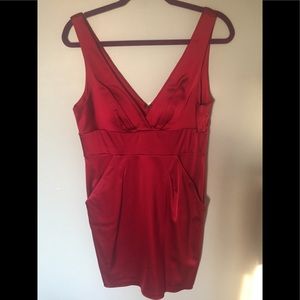 Red satin v neck dress